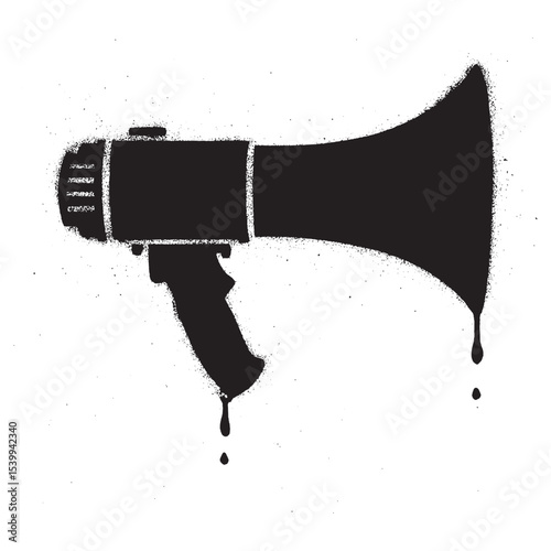 Graffiti Megaphone Stencil with Black Spray Paint and Drips Urban Street Art Icon.