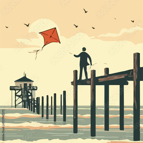 image man playing kite on the pier with simple and minimalist flat design using white background