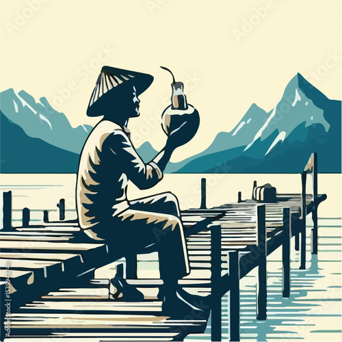 image of a man drinking coconut on the pier with a simple and minimalist flat design using a white background