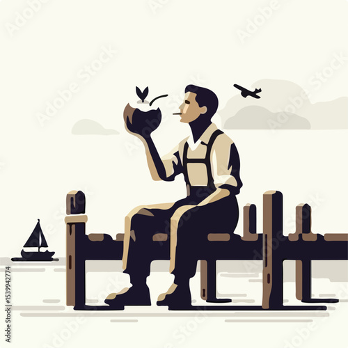 image of a man drinking coconut on the pier with a simple and minimalist flat design using a white background