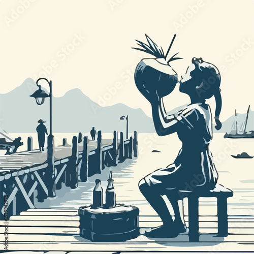 image of a woman drinking coconut on the pier with a simple and minimalist flat design using a white background