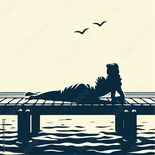 image of a woman lying on the pier with a simple and minimalist flat design using a white background
