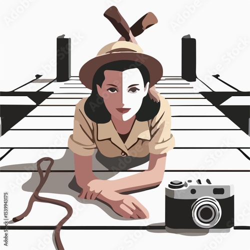 image of a woman lying on the pier with a simple and minimalist flat design using a white background