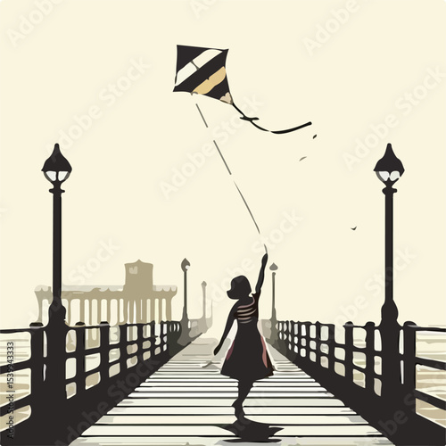 image of a woman playing a kite on a pier with a simple and minimalist flat design using a white background