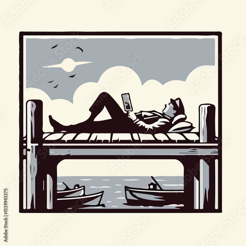 image of a man lying on the pier with a simple and minimalist flat design using a white background