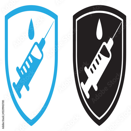 medical syringe icons with shield and droplet in blue and black vector for healthcare vaccination design assets uiux app