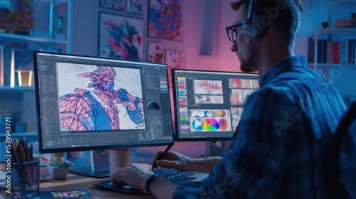 In a modern animation studio, a digital artist and a programmer work at a computer. The room is softly lit with LED lighting and colorful concept drawings on the wall. 