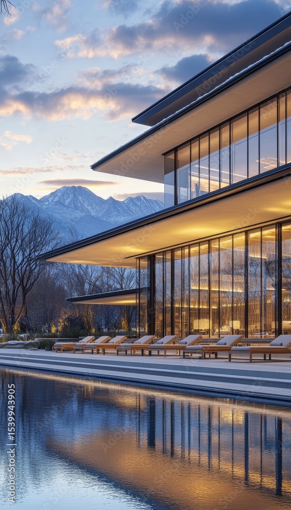 Obraz premium Stunning modern building featuring an elegant pool with mountain views in the evening blue light.