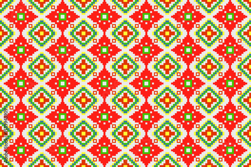 Vibrant Seamless Thai or Ethnic Geometric Pixel Art Pattern. This versatile pixel art pattern is ideal for digital backgrounds, web design, game assets, textiles, fashion, packaging, and culturally