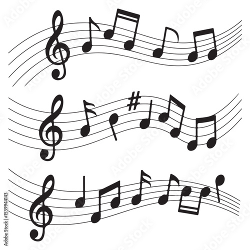 vector musical staff illustration with treble clefs and flowing melody of notes for sheet music design