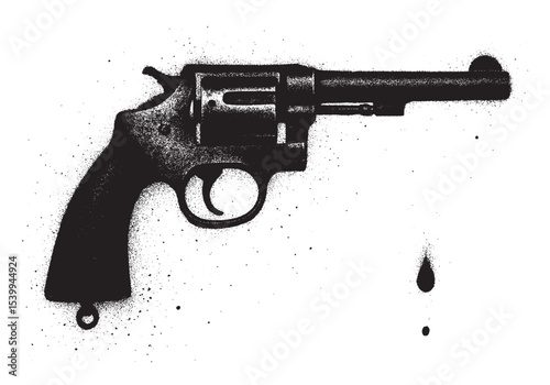 Black and White Spray Paint Stencil of Revolver with Ink Drips.
