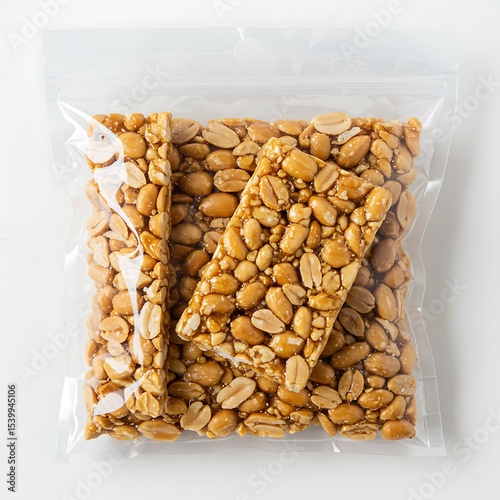 peanut chikki in resealable zip pouch, macro close up , isolated on white background
