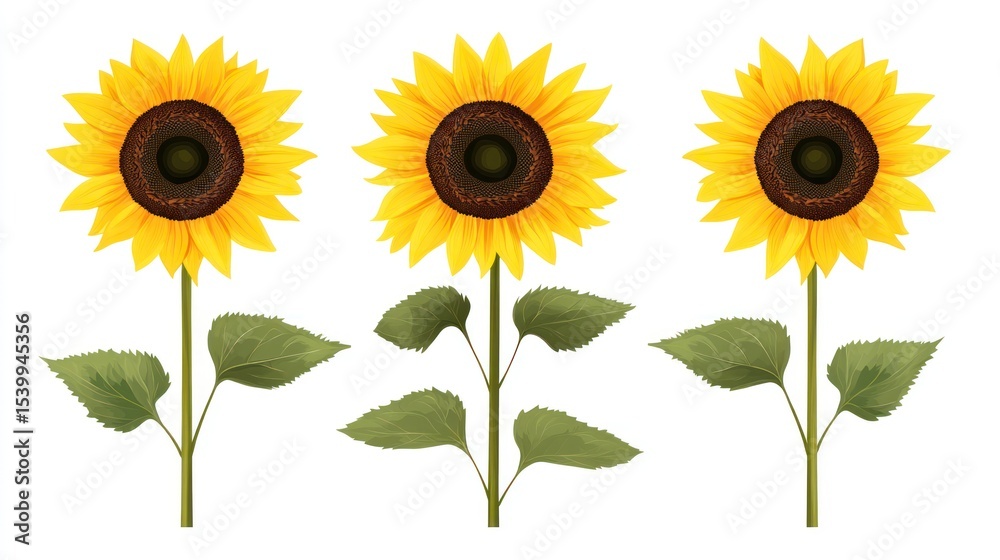 Obraz premium Three yellow sunflowers with brown centers and green leaves on a white background