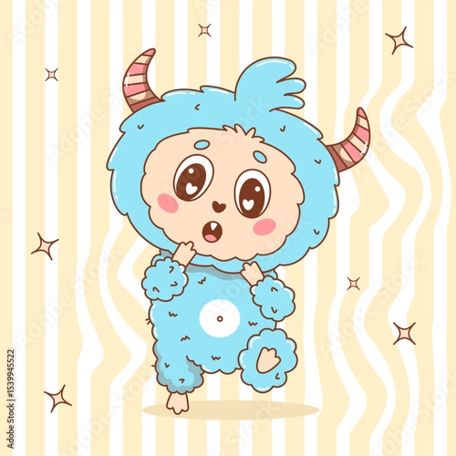 Cute Little surprised Monster. Funny  kawaii Character on Groovy Distorted Stripe Background. Vector illustration. Kids collection for sticker, mascot and design