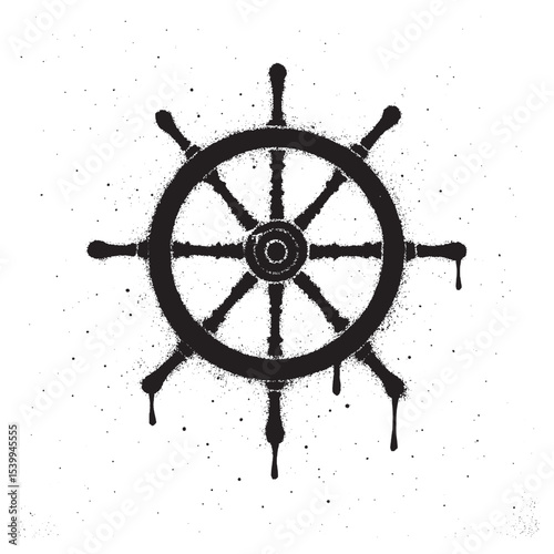 bold black and white graffiti-style ship steering wheel featuring rough spray paint strokes and dripping black paint.