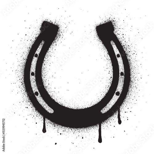 Graffiti Horseshoe Spray Paint Stencil with Dripping Black Ink on White Wall.