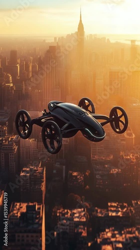Animation of compact foldable flying bike above urban rooftops