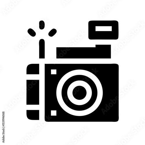 Black vector icon of vintage film camera with lens and flash