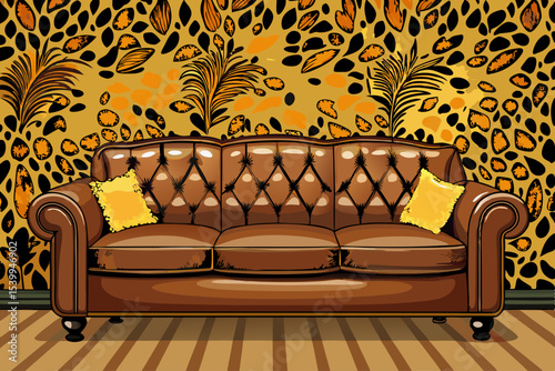 vector of Brown leather sofa with a leopard print wall behind it. The sofa is empty and the wall is covered with leopard print wallpaper that makes the room very warm...