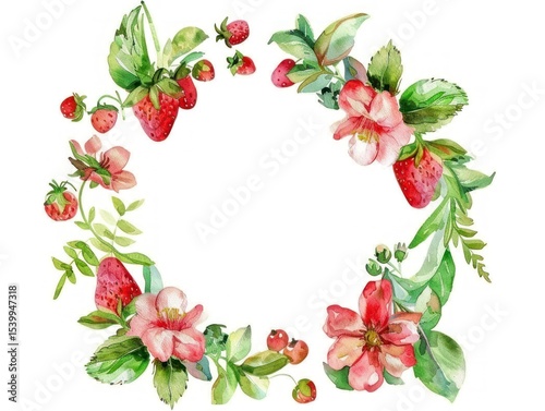A decorative watercolor composition presents strawberries and flowers intertwined as round wreaths. The arrangement is artistically displayed on a clean white backdrop