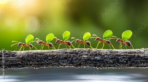 A line of red ants carrying green leaves along a branch, showcasing teamwork and nature's beauty.