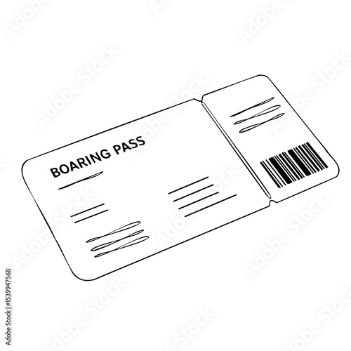 Vector outline of a boarding pass ticket with barcode, black minimalist travel icon