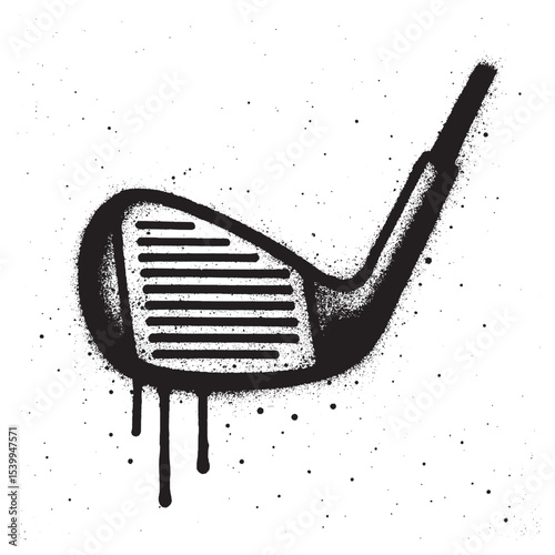 Black and white graffiti illustration of a golf iron club head with spray paint texture and dripping paint effect.