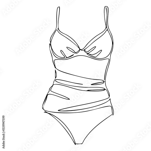 Minimal vector outline of a swimsuit for beach vacation, black linear fashion icon