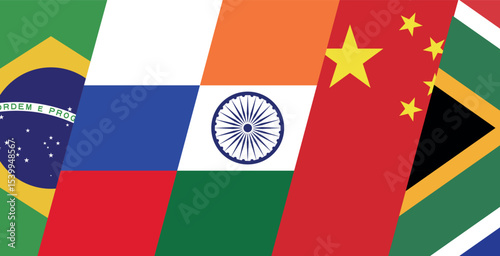 BRICS - Association of 5 countries: Brazil, Russia, India, China and South Africa, flags of the participating countries - Vector illustration