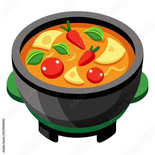 a black cooking pot with green handles containing colorful soup or stew with vegetables including tomatoes, carrots, onions, and herbs floating in an orange broth.