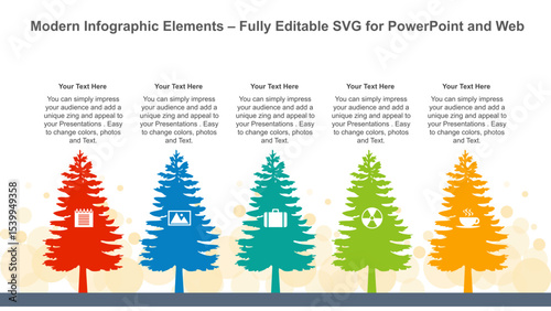Tree Infographic Slide for PowerPoint – 5-Step Presentation Template. Fully editable vector SVG file compatible with PowerPoint, Illustrator, and most vector-based applications.