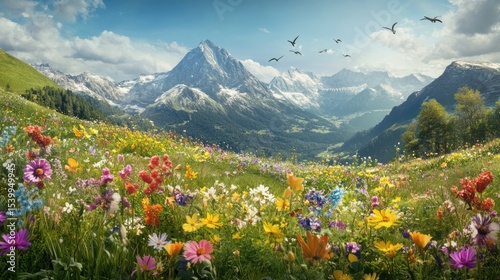 Alpine Meadow Springtime Panorama: Majestic Mountains and Vibrant Wildflowers