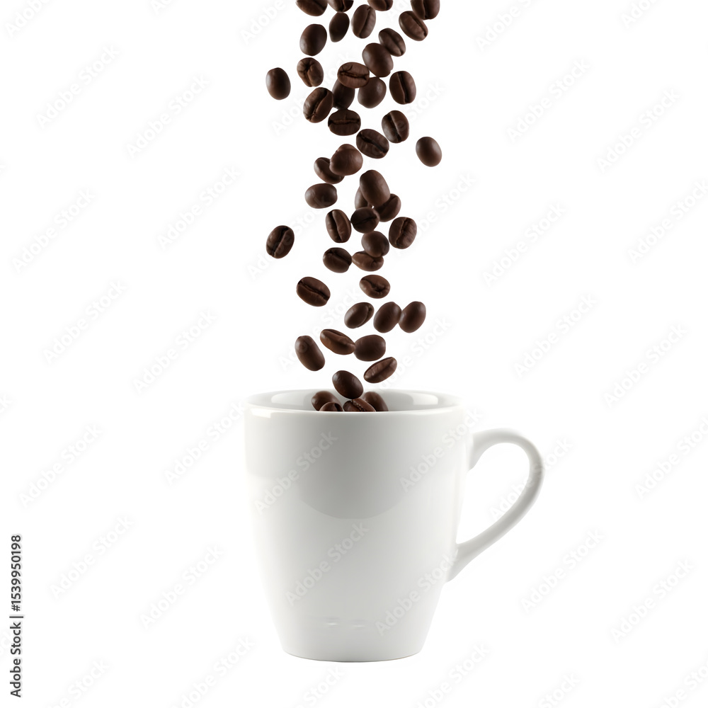 Obraz premium Roasted Coffee Beans Falling into White Mug Perfect Cup of Coffee