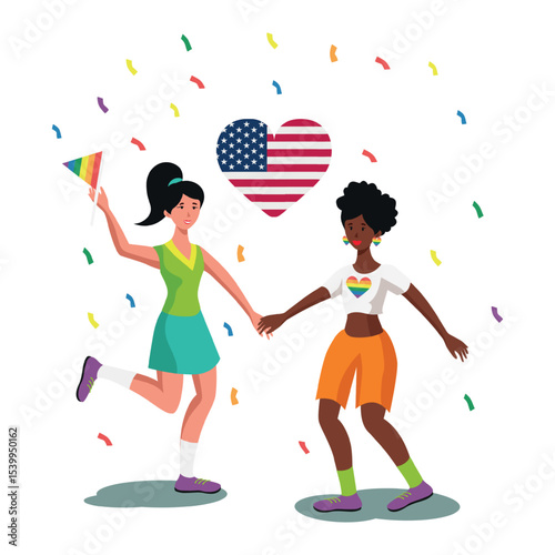LGBT family on the background of the USA flag, two women holding hands white background - Vector illustration