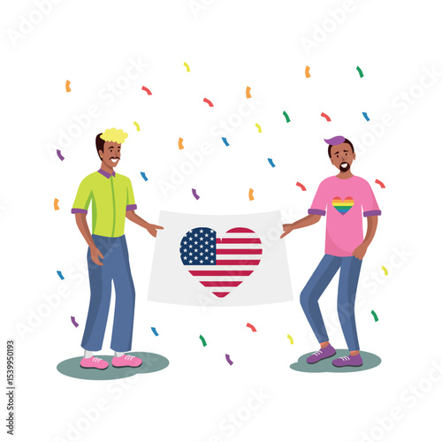 LGBT family with USA flag, two men white background - Vector illustration