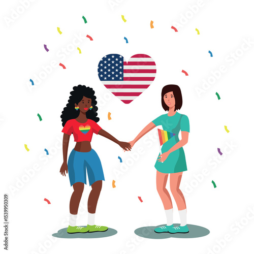 LGBT family on the background of the USA flag, two women holding hands white background - Vector illustration