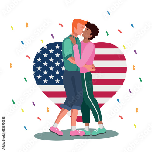 LGBT family on the background of the USA flag, two men kissing on a white background - Vector illustration