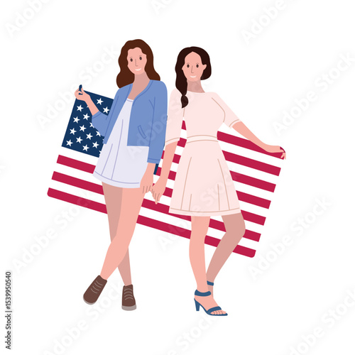 LGBT family on the background of the USA flag, two women white background- Vector illustration