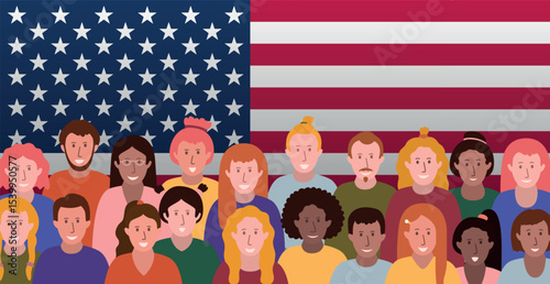 A group of people on the background of the American flag USA - Vector illustration