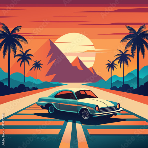 Retro Car Driving into Sunset Vector
