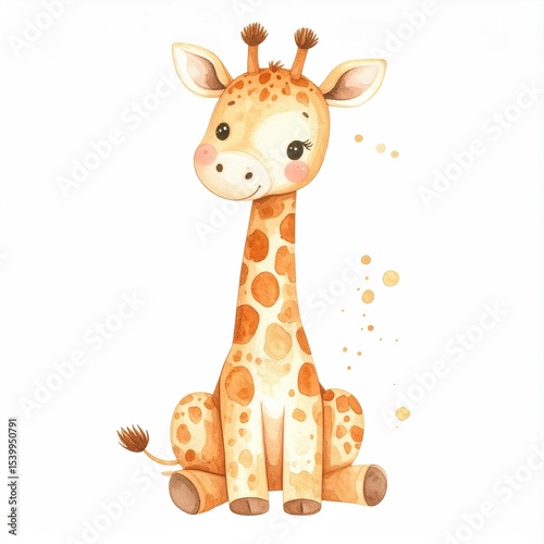 Tall baby giraffe with long neck and orange spots sitting and smiling in watercolor style perfect for kids room and nursery decor
