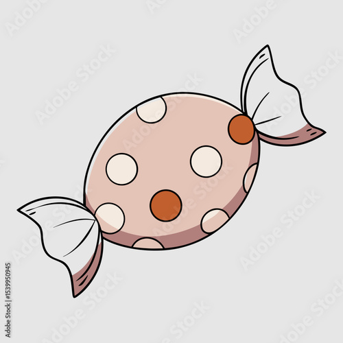 A whimsical illustration of a wrapped candy, featuring a round, pinkish-brown center dotted with darker spots, 