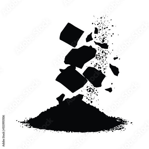 Black Cubes Crumbling Pile Dust Explosion white square