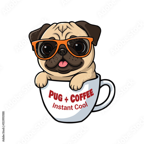 Cartoon Pug in Coffee Cup with Sunglasses Vector Illustration