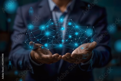 Businessman holding a DevOps automation network connecting icon for faster fashion supply chain tracking 