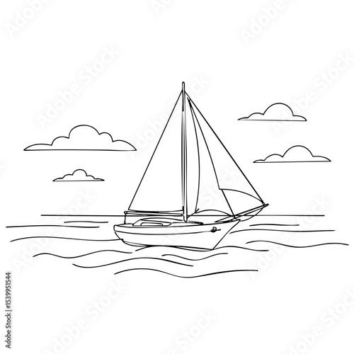 Vector line art of a sailboat on the sea with clouds, black outline vacation illustration