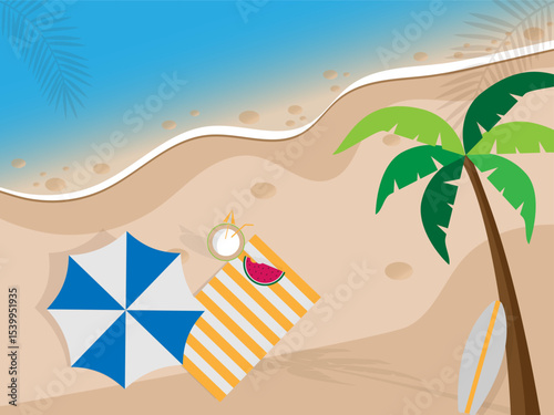 Summer banner template design. Wavy banner. Vector illustration. Tropical plants. Surfboard in modern flat design style