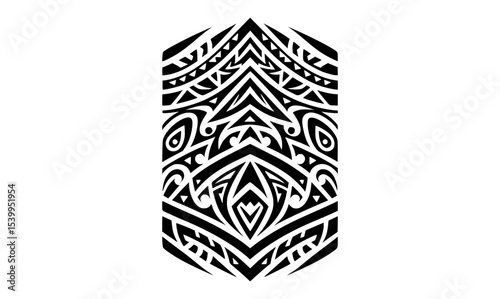A classic Polynesian-inspired black and white tribal armband tattoo, with repeating triangular and wave elements