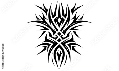 A sharp black and white tribal tattoo in horizontal format, featuring thorn-like patterns and bold symmetry