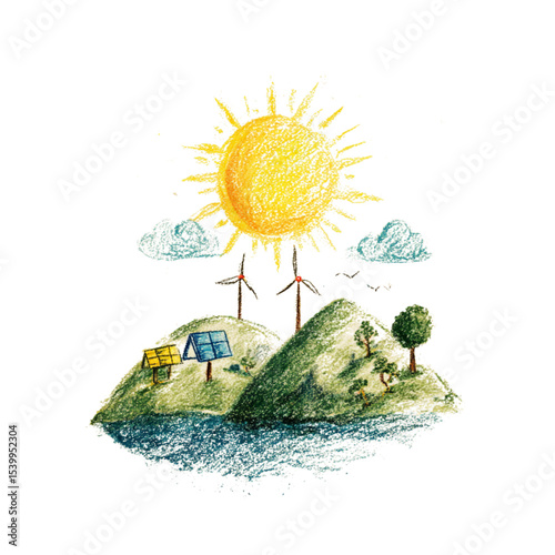 Eco-friendly island with sun, wind turbines, and solar panels  